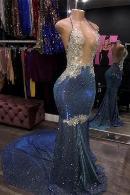 Stunning Halter V-Neck Lace Navy Blue Prom Dress Appliques Mermaid Metallic Party Dresses On Sale_1