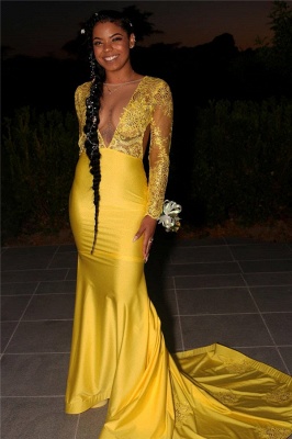 Gorgeous Jewel Long Sleeves Mermaid Long Prom Dress Appliques Sheer Yellow Evening Dress with Sweep Train_1