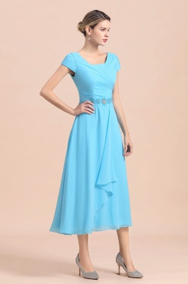 Cap sleeves Ankle-length light blue round neck chiffion mother dresses_5