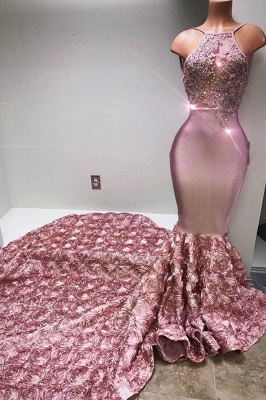 Glamorous Mermaid Pink Prom Dresses  Halter Appliques Evening Dresses BA7797_2