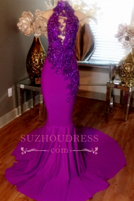 Sleeveless Lace-Appliques Mermaid Dresses High-Neck Beaded Prom Court Train  CC0009-MQ0035_2