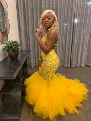 Stunning Yellow Tulle Mermaid Lace Prom Dress Spaghetti Straps Open Back Evening Dresses with Appliques_3