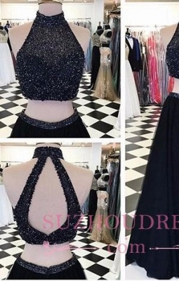 High-Neck Two-Piece Long Beaded A-line Black Prom Dresses_2