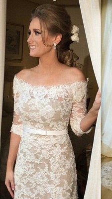 Lace Half Sleeve Bridal Dresses  Off-the-shoulder Elegant Wedding Gowns with Sash_2