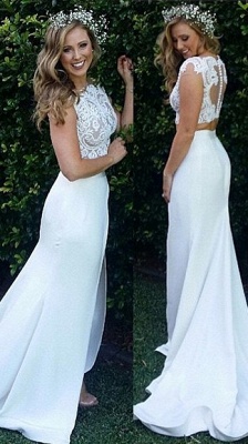 Two Piece Lace Wedding Dress  Front Split Buttons Summer Outdoor Wedding Gowns_2