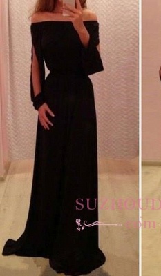 Summer Long-Sleeve Off-the-Shoulder A-Line Black Chiffon Prom Dresses BA4768_2