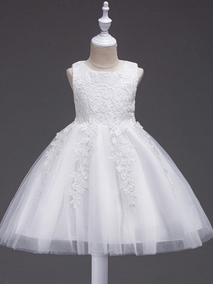 Princess Midi Wedding / First Communion / Birthday Flower Girl Dresses - Lace / Tulle Sleeveless Jewel Neck With Lace / Bow(S) / Appliques