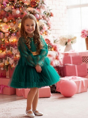 Princess / A-Line Floor Length Party / Birthday Flower Girl Dresses - Tulle Long Sleeve Jewel Neck With Beading / Paillette