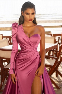 One Shoulder Satin Side Split Evening Maxi Gowns with Sweep Train_1