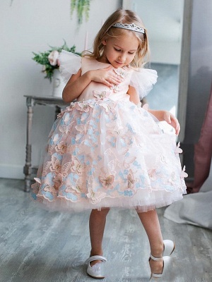 Princess / A-Line Tea Length Party / Birthday Flower Girl Dresses - Satin Short Sleeve Jewel Neck With Bow(S) / Appliques / Splicing