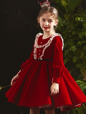 Princess / A-Line Knee Length Party / Birthday Flower Girl Dresses - Cotton Blend Long Sleeve Jewel Neck With Lace / Beading / Cascading Ruffles