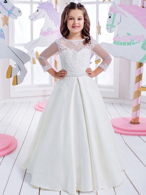 Princess Floor Length Wedding / Birthday / First Communion Flower Girl Dresses - Cotton / Nylon With A Hint Of Stretch / Lace / Mikado 3/4 Length Sleeve Jewel Neck With Lace / Appliques