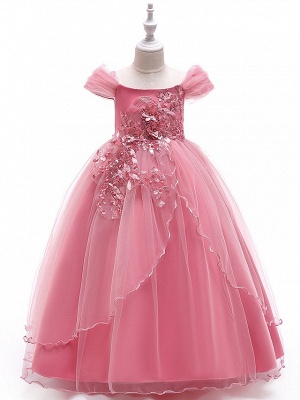 Ball Gown Floor Length Wedding / Party Flower Girl Dresses - Tulle Sleeveless Off Shoulder With Bow(S) / Solid / Tiered_1