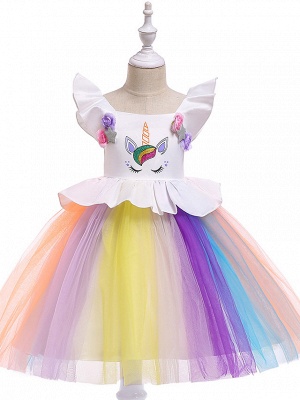 Multicolour Unicorn Flying Sleeve Princess Birthday Party Dresses