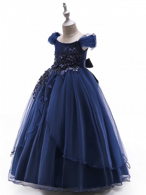 Ball Gown Floor Length Wedding / Party Flower Girl Dresses - Tulle Sleeveless Off Shoulder With Bow(S) / Solid / Tiered_9