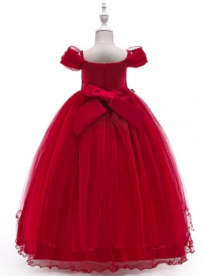Ball Gown Floor Length Wedding / Party Flower Girl Dresses - Tulle Sleeveless Off Shoulder With Bow(S) / Solid / Tiered_5