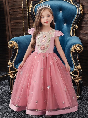 A-Line Ankle Length Wedding / Party / Pageant Flower Girl Dresses - Tulle / Matte Satin / Poly&Cotton Blend Short Sleeve Jewel Neck With Pattern / Print / Solid