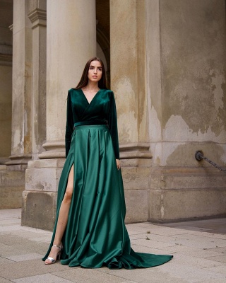 Stylish Dark Green A-line Velvet Evenign Dress with Side Slit_3