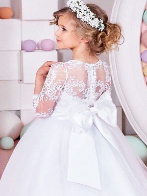Princess / Ball Gown Floor Length Wedding / Party Flower Girl Dresses - Lace / Tulle Half Sleeve Jewel Neck With Sash / Ribbon / Bow(S) / Solid_3