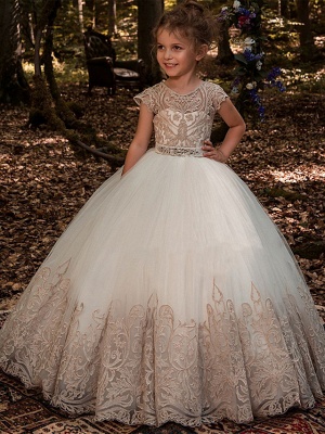 Ball Gown Sweep / Brush Train Wedding / Birthday / Pageant Flower Girl Dresses - Lace / Tulle / Cotton Short Sleeve Jewel Neck With Lace / Belt / Embroidery