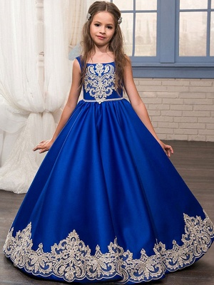 Prinzessin / Ballkleid Boden-Länge Hochzeit / Party Blumenmädchenkleider - Spitze / Satin Ärmellos Schmuck mit Schleife(n) / Applikationen