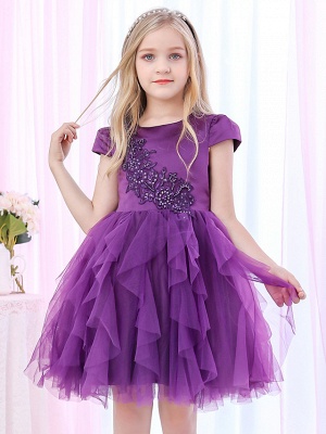 Princess / Ball Gown Royal Length Train / Medium Length Wedding / Event / Party Flower Girl Dresses - Satin / Tulle Cap Sleeve Jewel Neck With Beading / Appliques / Tiered