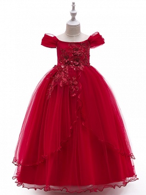 Ball Gown Floor Length Wedding / Party Flower Girl Dresses - Tulle Sleeveless Off Shoulder With Bow(S) / Solid / Tiered_7