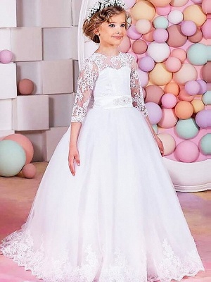 Princess / Ball Gown Floor Length Wedding / Party Flower Girl Dresses - Lace / Tulle Half Sleeve Jewel Neck With Sash / Ribbon / Bow(S) / Solid_1