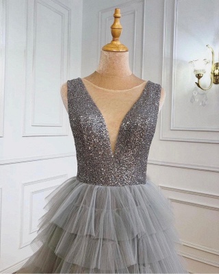 Charming Shinny Sequins V-Neck Tulle Layers Evening Dress Sleeveless_3