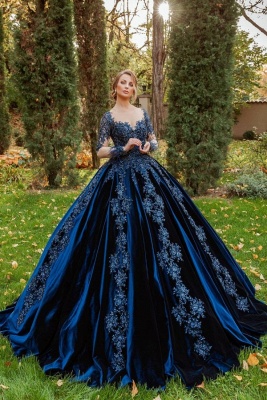 Blue Velvet Evening Dresses With Sleeves Prom Dresses Long_1