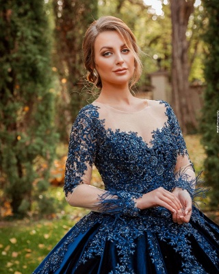 Blue Velvet Evening Dresses With Sleeves Prom Dresses Long_2