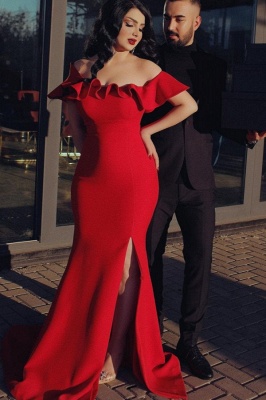 Sexy Off Shoulder Red Mermaid Prom Dress with Side Split_1