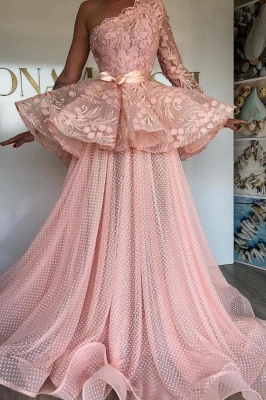 Stunning One Shoulder Tulle Pink Evening Prom Dress with Floral Lace_1