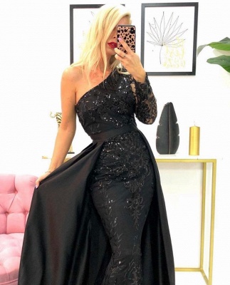 Sparkly Sequins One Shoulder Black Mermaid Prom Dress with Detachable Train_2