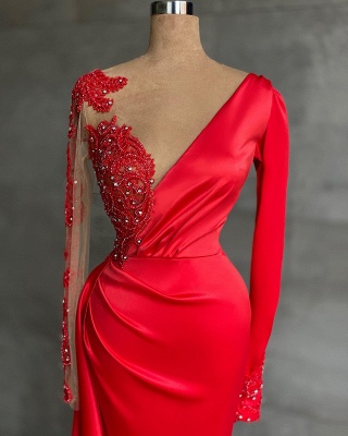 Charming Red Mermaid Prom Dress Side Slit with Lace Appliques_2