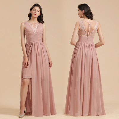 Elegant Sleevele Dusty Pink Chiffon Bridesmaid Dress Ruffle Beach Wedding Dress_11