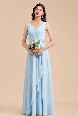 Sky Blue V-Neck Sleevels Ruffle Chiffon Aline Bridesmaid Dress_4