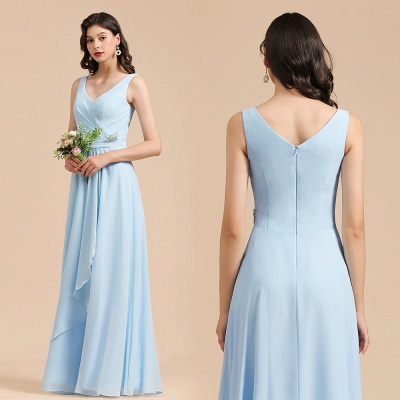 Sky Blue V-Neck Sleevels Ruffle Chiffon Aline Bridesmaid Dress_10