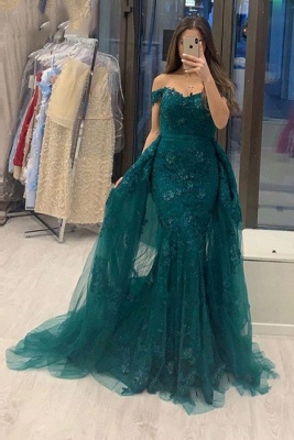 Off Shoulder Tulle Mermaid Evening Gown with Detachable Train_1