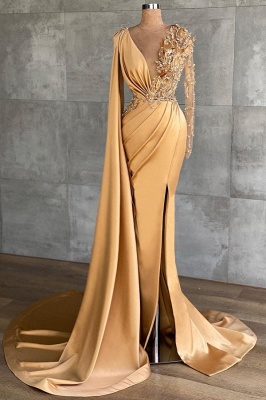 Luxury Long Sleeves Rose Gold Appliques Ruffles Split Mermaid Evening Dresses_1
