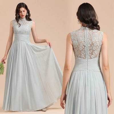 High Neck Floral Lace Aline Bridesmaid Dress Floor Length Chiffon Wedding Party Dress_10