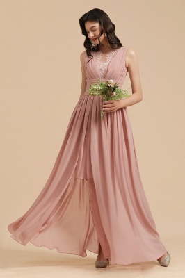 Elegant Sleevele Dusty Pink Chiffon Bridesmaid Dress Ruffle Beach Wedding Dress_8
