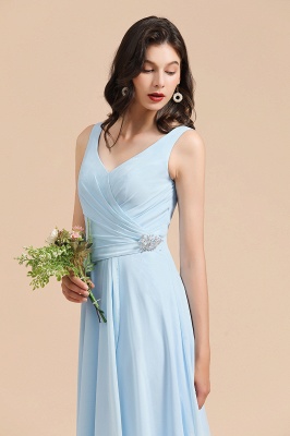 Sky Blue V-Neck Sleevels Ruffle Chiffon Aline Bridesmaid Dress_7