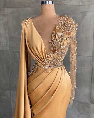 Luxury Long Sleeves Rose Gold Appliques Ruffles Split Mermaid Evening Dresses_2