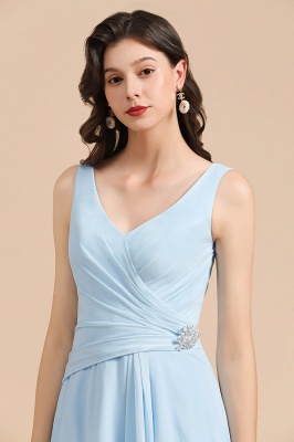 Sky Blue V-Neck Sleevels Ruffle Chiffon Aline Bridesmaid Dress_8