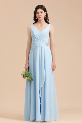 Sky Blue V-Neck Sleevels Ruffle Chiffon Aline Bridesmaid Dress_1
