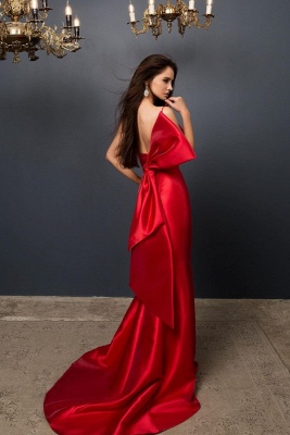 Charming V-neck Red Satin Mermaid Evening Dress with Back Bowtie_2
