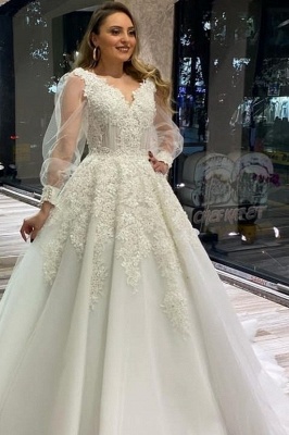 Gorgeous White Bubble Sleeves Lace Bridal Gown Floor Length Princess Wedding Dress_1