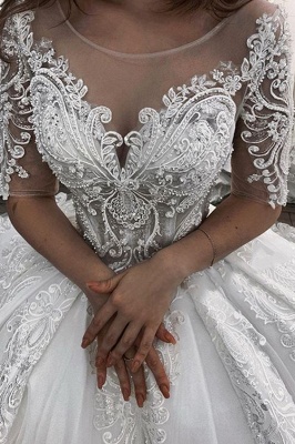 Short Sleeve Appliques Sheer Tulle Ball Gown Wedding Dress_2