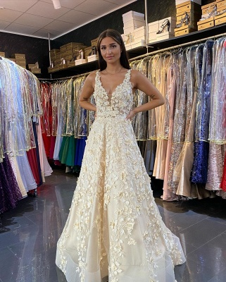 Stylish 3D Floral A-line Wedding Dress Sleeveless V-Neck Maxi Dress for Bride_4